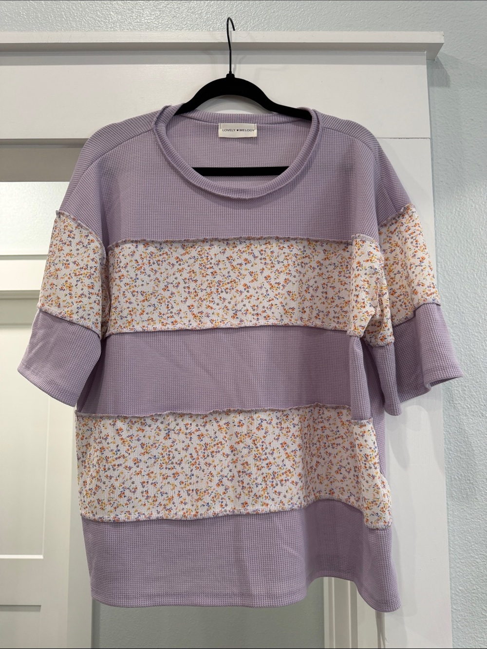 Lovely Melody Lavender Waffle-Knit Short Sleeve Top with Floral Bands